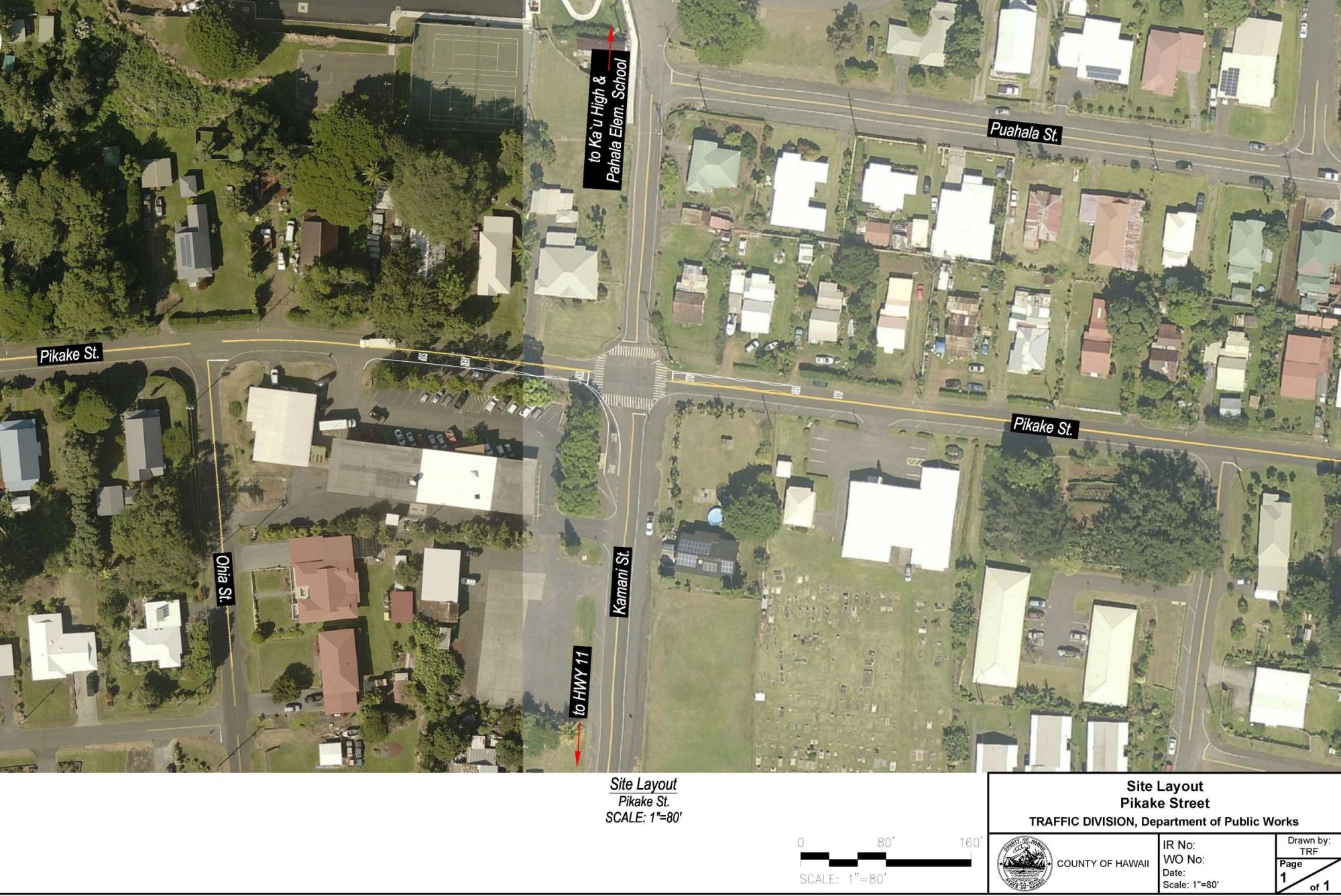 Traffic intersection at Pikake and Kamani St in Pahala 