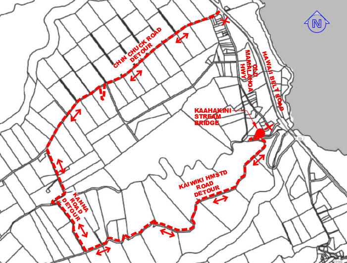 Kaahakini Stream Bridge detour map